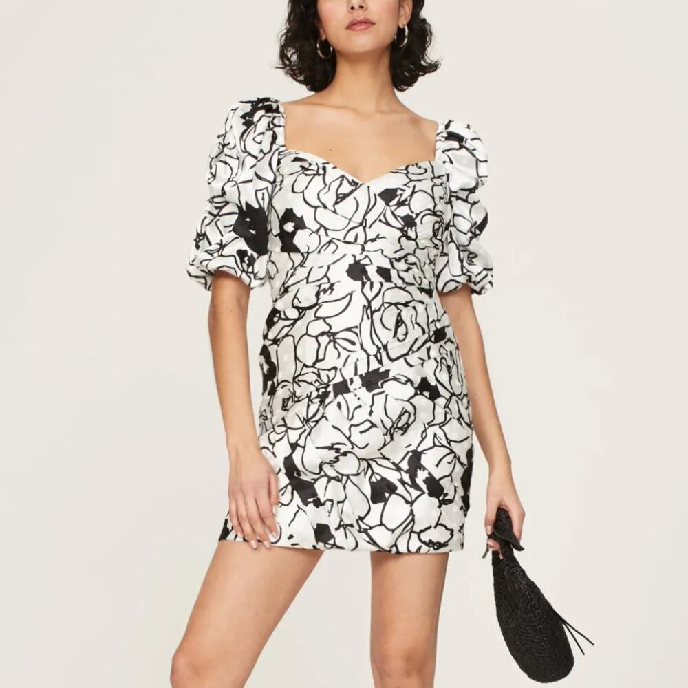 Ronny Kobo Black Floral Mini Dress Size 12 Puff Sleeve Ruche Party Designer $370 - Picture 1 of 12